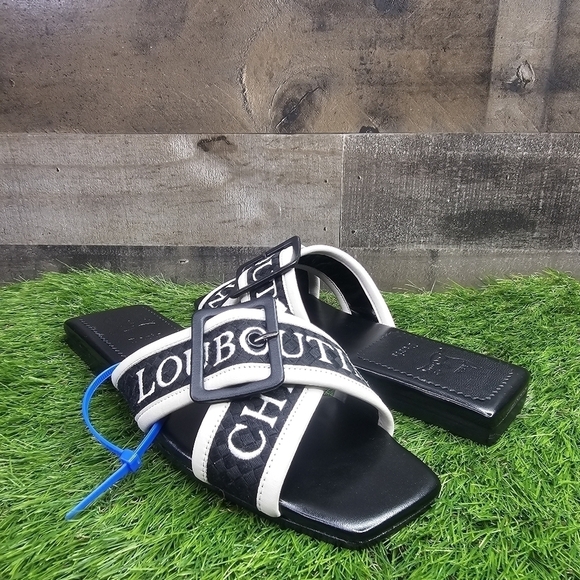 Christian Louboutin Black/White Logo Canvas and Leather Crossimule Flat Slides - Picture 1 of 11